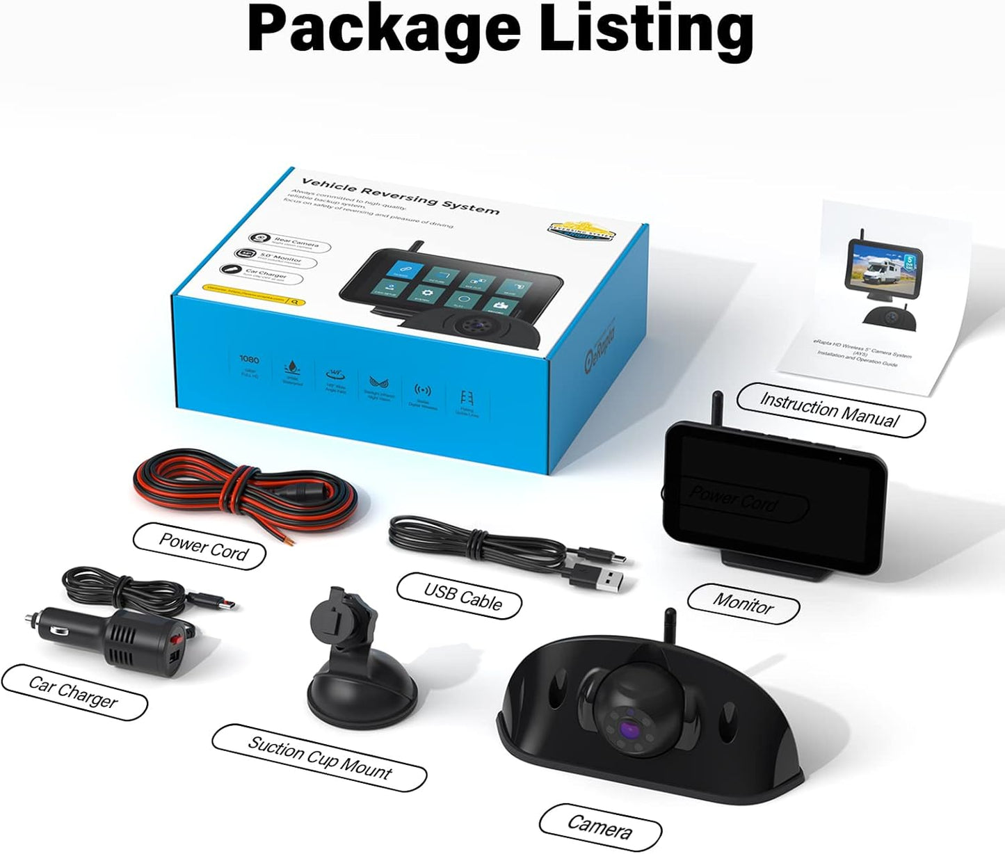 eRapta Wireless RV Backup Camera System, 1080P 5'' Monitor with 1 Rear Camera, IR Night Vision, Recording, Wide Angle View, IP69K Waterproof, Compatible with Furrion Pre-Wired RV Truck Trailer AY5