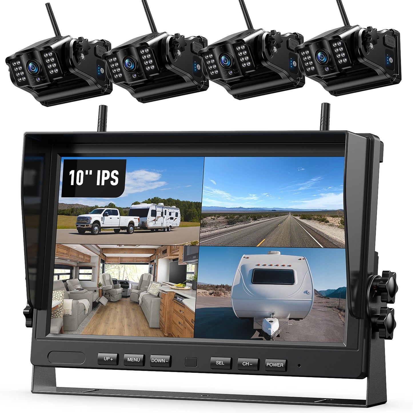 eRapta Magnetic Wireless Backup Camera Kit with HD1080P 10” DVR Monitor, Dual RV/Trailer/Truck/Tractor Cameras Wireless System, No Wiring, 9600mAh Rechargeable Battery, IR Night Vision-ACT1002