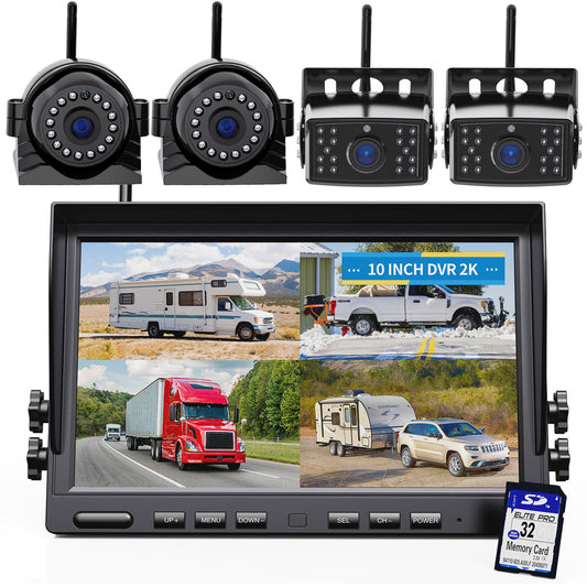 eRapta 4 Wireless Backup Camera System with HD 2K 10-Inch Loop Recording Monitor, Quad Channels Full-Field Cameras IR Night Vision for Trailer/RV/Truck/Camper/Bus-AW104SL
