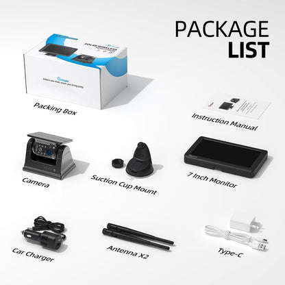 Cámara de visión trasera inalámbrica solar magnética eRapta con monitor de 7" y 1080P, instalación en 1 minuto, DVR de 4 canales, sistema de cámara de marcha atrás recargable para caravanas, remolques, coches, autocaravanas, camiones y vehículos ATYX7.