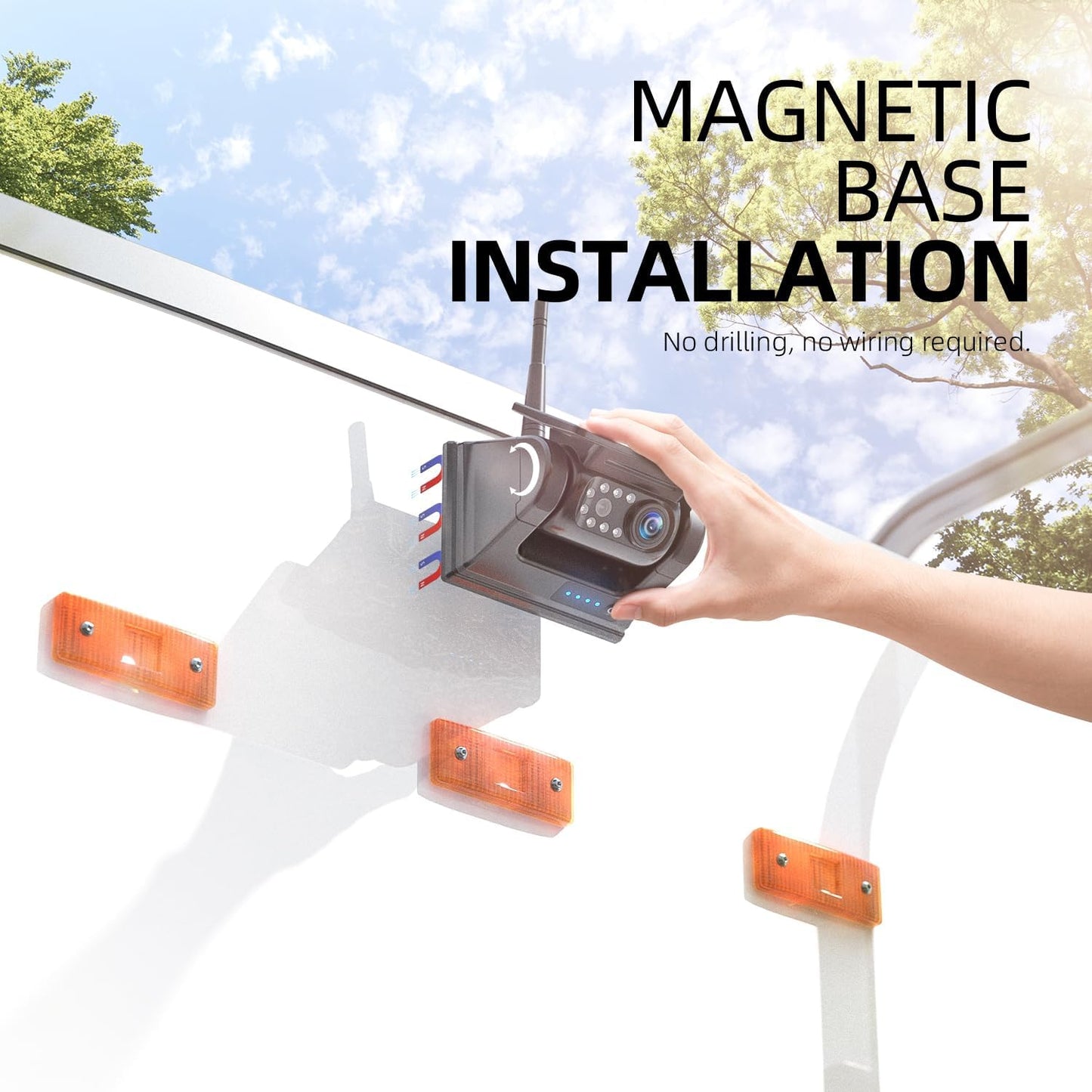 Cámara de visión trasera inalámbrica solar magnética eRapta con monitor de 7" y 1080P, instalación en 1 minuto, DVR de 4 canales, sistema de cámara de marcha atrás recargable para caravanas, remolques, coches, autocaravanas, camiones y vehículos ATYX7.