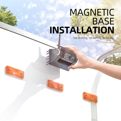 Cámara de visión trasera inalámbrica solar magnética eRapta con monitor de 7" y 1080P, instalación en 1 minuto, DVR de 4 canales, sistema de cámara de marcha atrás recargable para caravanas, remolques, coches, autocaravanas, camiones y vehículos ATYX7.