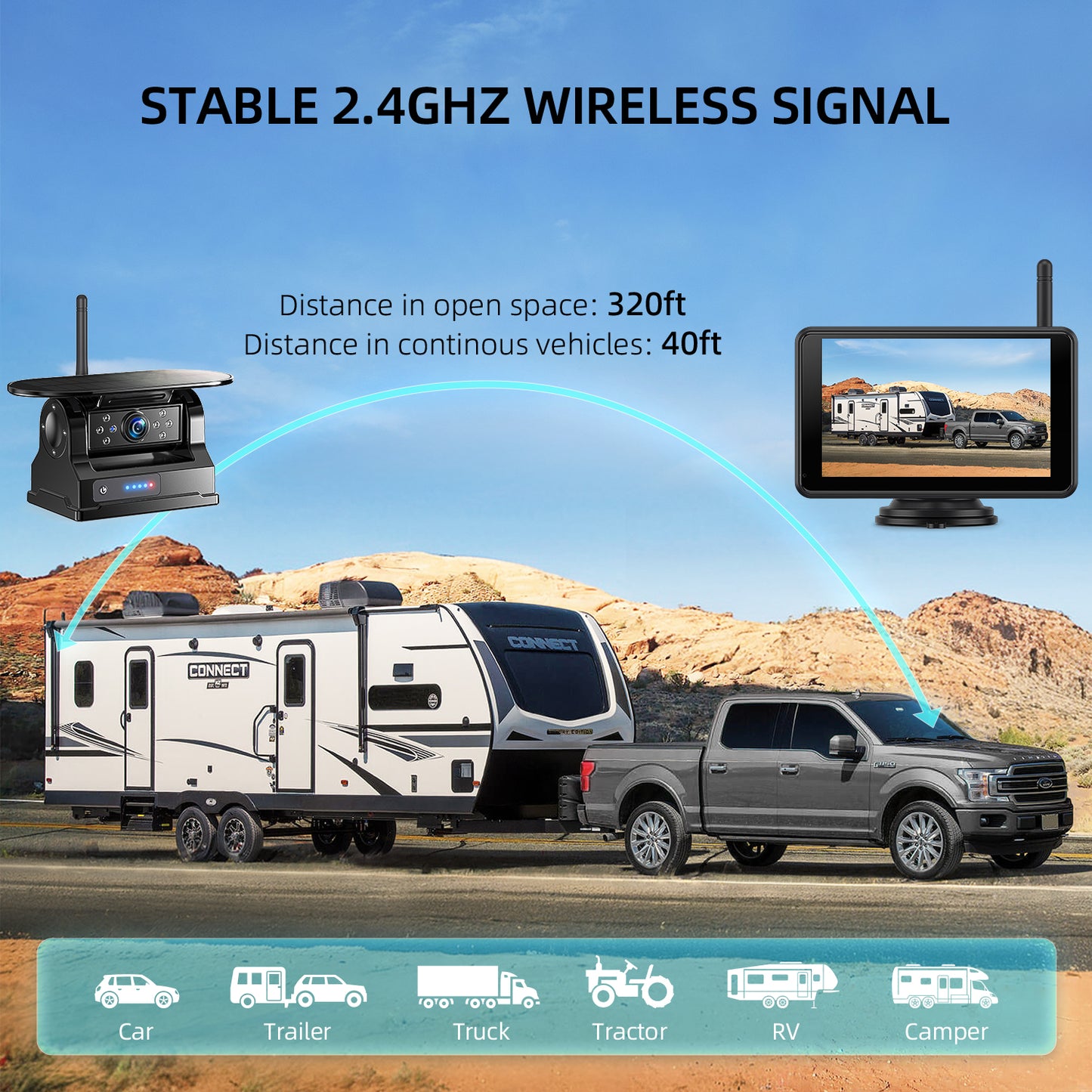 eRapta Magnetic Solar Wireless Backup Camera: HD1080P 5” Touchscreen Portable with DVR, BSD, 1-Min Install-Free IR Night Vision Hitch Backup Camera for Trailer/Truck/Small RV/Camper/Tractor-AWTCM501