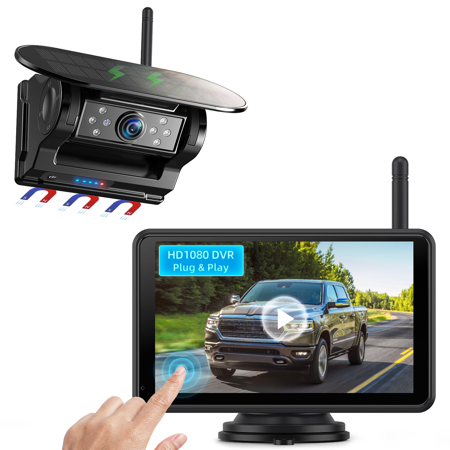 eRapta Magnetic Solar Wireless Backup Camera: HD1080P 5” Touchscreen Portable with DVR, BSD, 1-Min Install-Free IR Night Vision Hitch Backup Camera for Trailer/Truck/Small RV/Camper/Tractor-AWTCM501