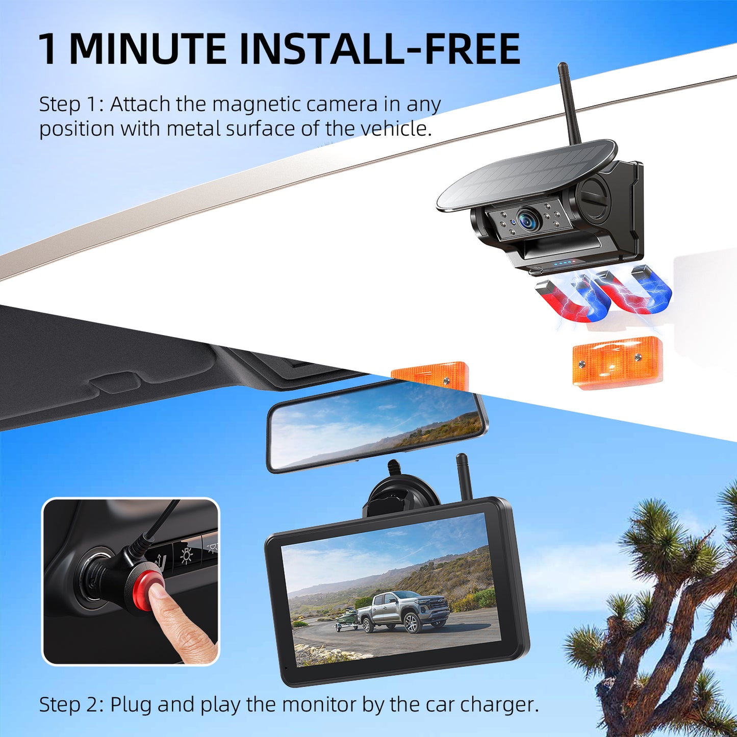 eRapta Magnetic Solar Wireless Backup Camera: HD1080P 7” Touchscreen Portable with DVR, BSD, 1-Min Install-Free IR Night Vision Hitch Backup Camera for Trailer/Truck/Small RV/Camper/Tractor-AWTCM702