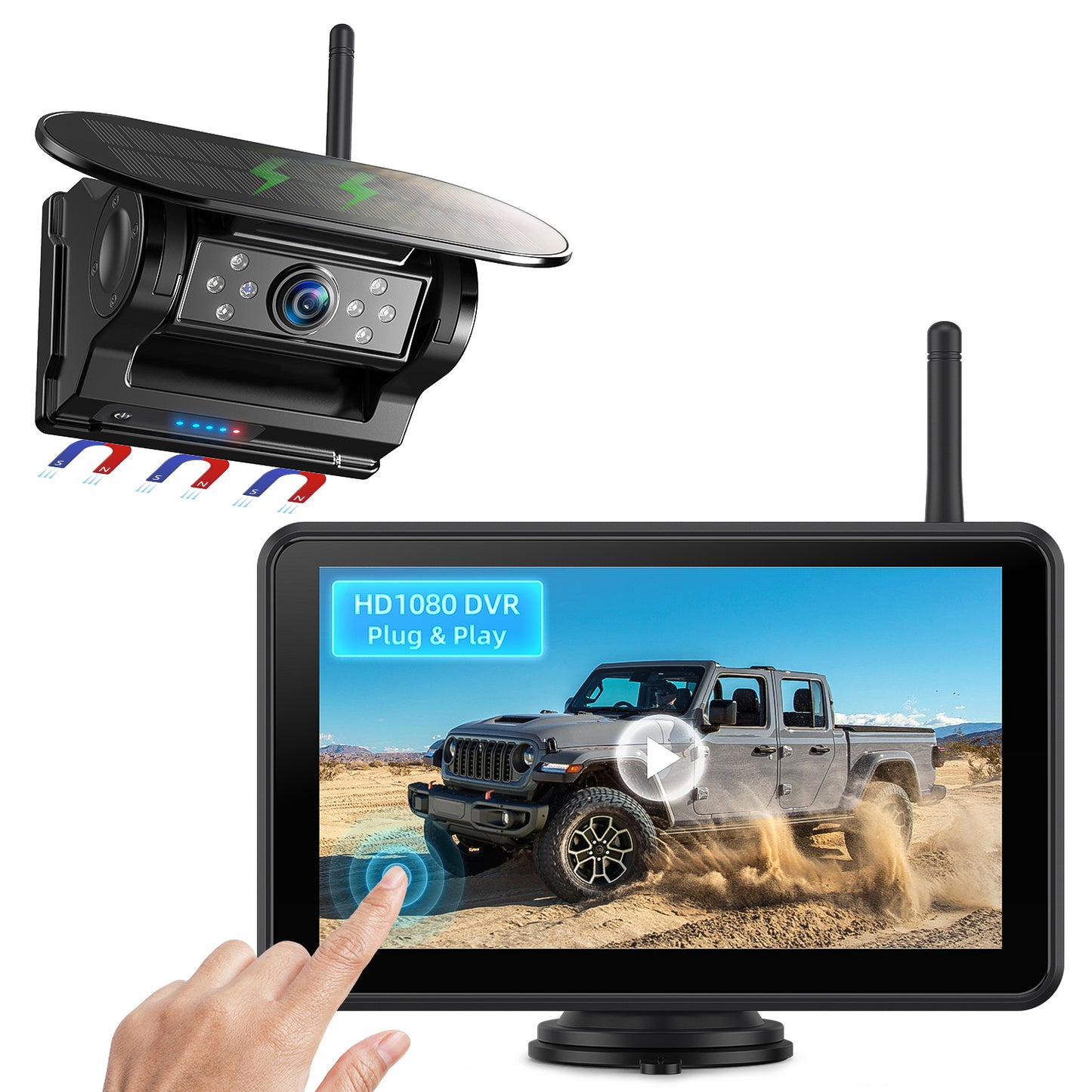 eRapta Magnetic Solar Wireless Backup Camera: HD1080P 5” Touchscreen Portable with DVR, BSD, 1-Min Install-Free IR Night Vision Hitch Backup Camera for Trailer/Truck/Small RV/Camper/Tractor-AWTCM501