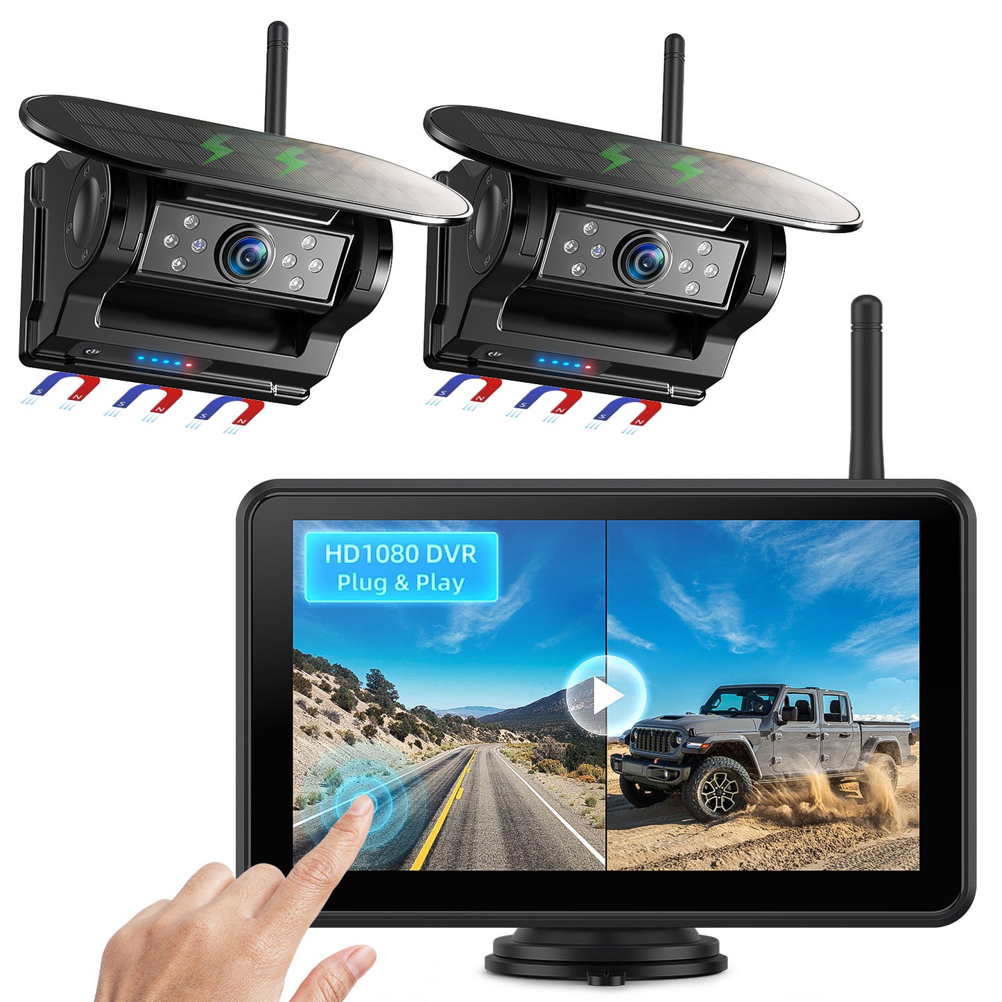 eRapta Magnetic Solar Wireless Backup Camera: HD1080P 5” Touchscreen Portable with DVR, BSD, 1-Min Install-Free IR Night Vision Hitch Backup Camera for Trailer/Truck/Small RV/Camper/Tractor-AWTCM501