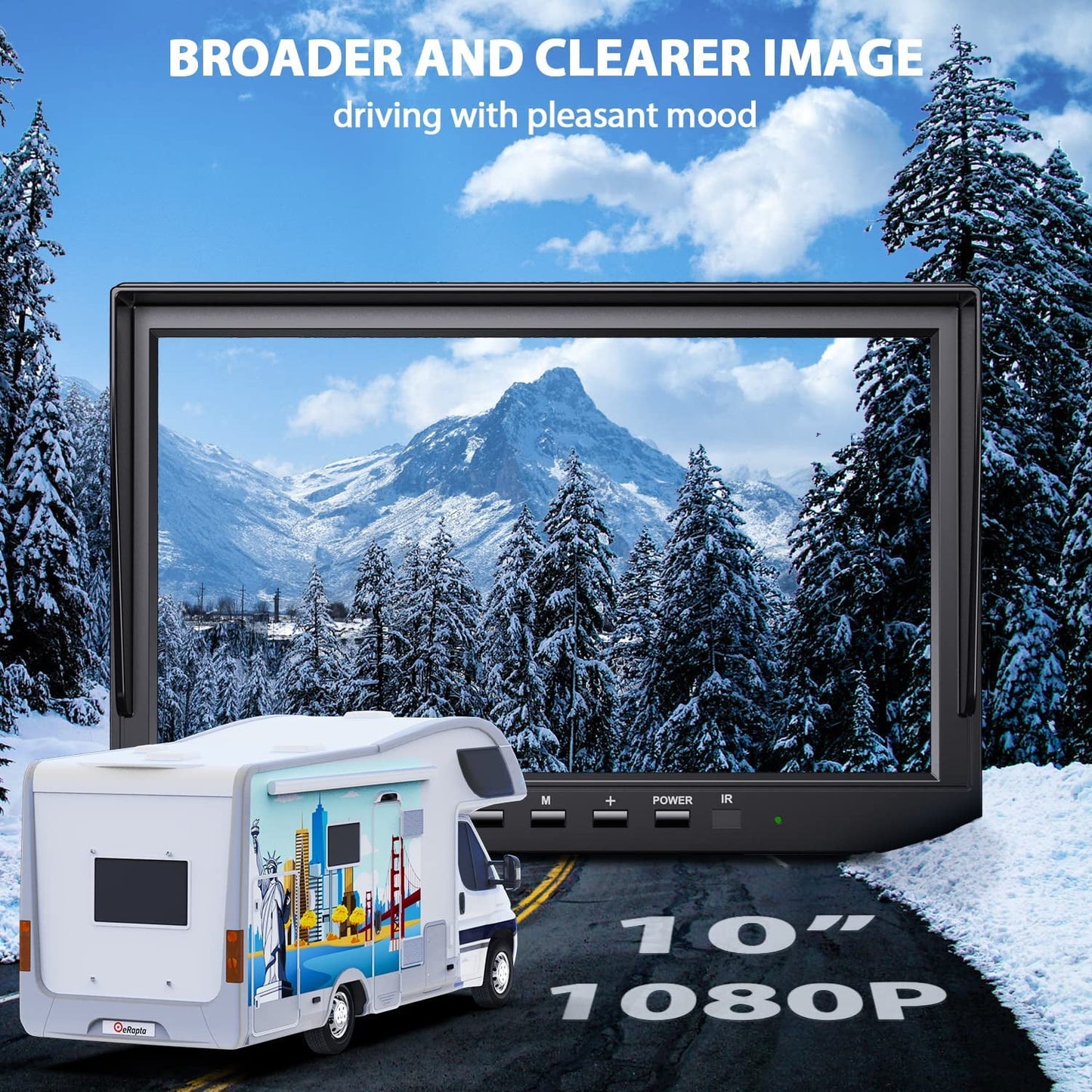 Cámara de visión trasera con cable eRapta, monitor de 10'', cámara de respaldo impermeable IP69 HD 1080P para coche, camión, caravana, remolque o furgoneta.