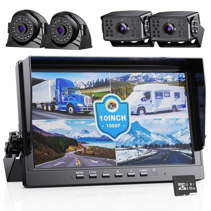 eRapta HD 1080p Backup Camera System Kit,10-inch Reversing Monitor with Quad Split Recording IP69 Waterproof, Rear View Side View Cameras, Backup Camera for RV Truck/Trailer/Tractor/Box/Camper AYX104