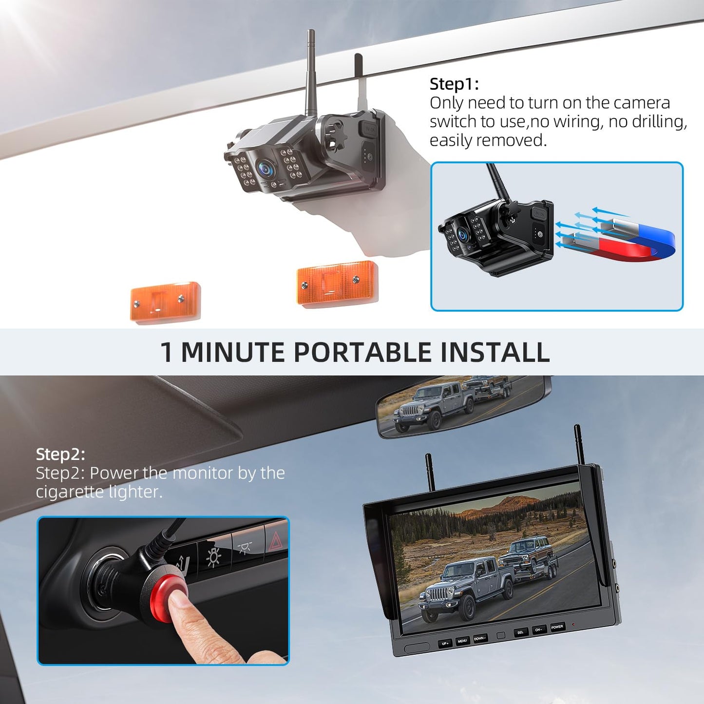 eRapta Magnetic Wireless Backup Camera Kit with HD1080P 10” DVR Monitor, Dual RV/Trailer/Truck/Tractor Cameras Wireless System, No Wiring, 9600mAh Rechargeable Battery, IR Night Vision-ACT1002