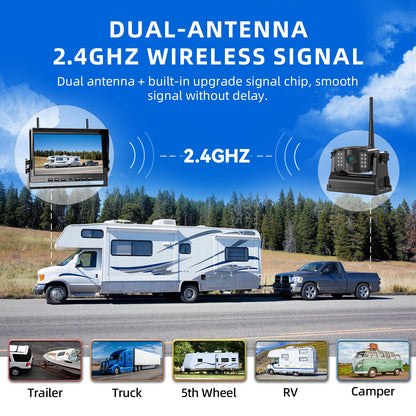 eRapta Magnetic Wireless Backup Camera Kit with HD1080P 10” DVR Monitor, Dual RV/Trailer/Truck/Tractor Cameras Wireless System, No Wiring, 9600mAh Rechargeable Battery, IR Night Vision-ACT1002