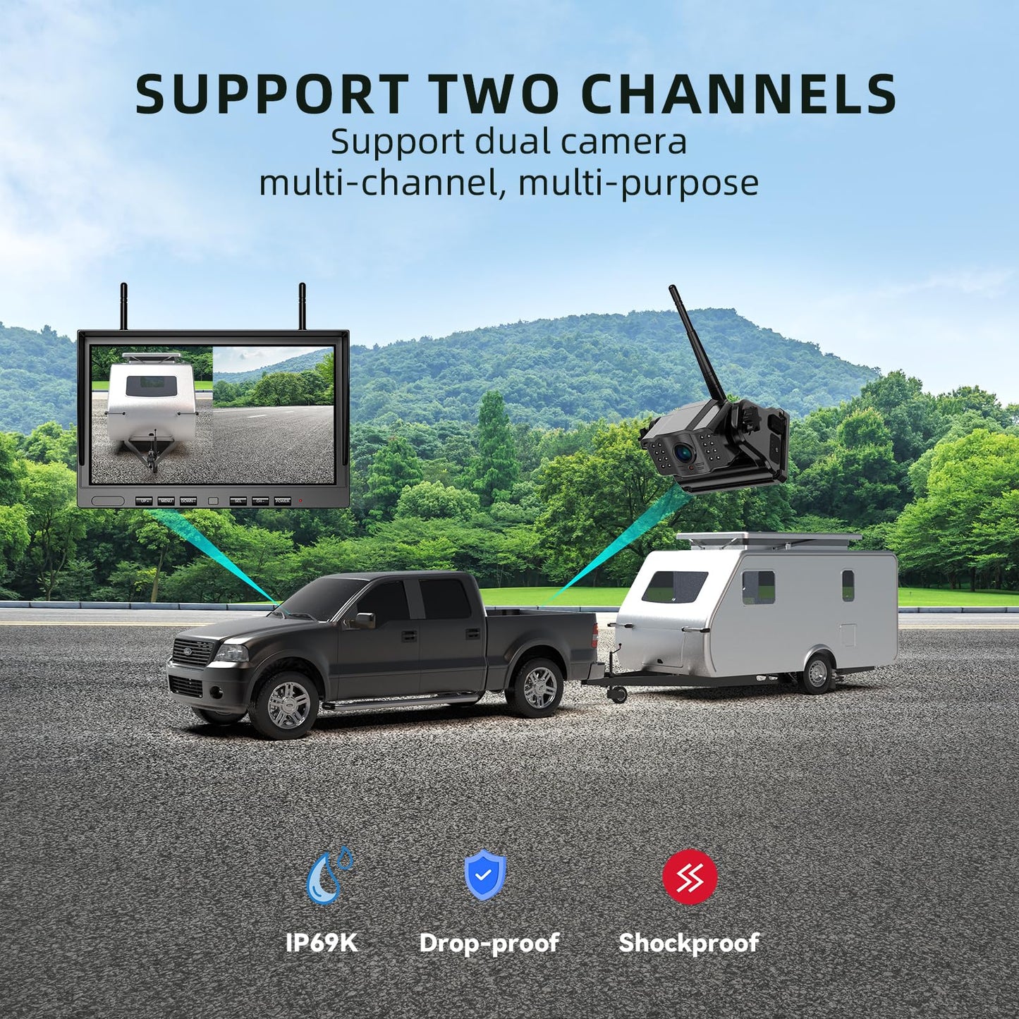 eRapta Magnetic Wireless Backup Camera Kit with HD1080P 10” DVR Monitor, Dual RV/Trailer/Truck/Tractor Cameras Wireless System, No Wiring, 9600mAh Rechargeable Battery, IR Night Vision-ACT1002