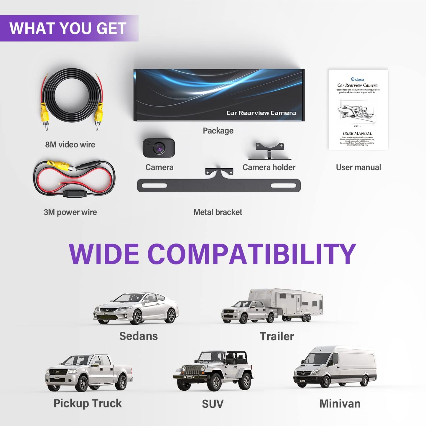 eRapta Reverse Camera 3.0 License Plate Backup Camera HD 149° Wide Rear View IP69K Waterproof IR Night Vision Easy Mount DIY Grid for Cars Trucks Pickups SUV RV Van Jeep ERT11