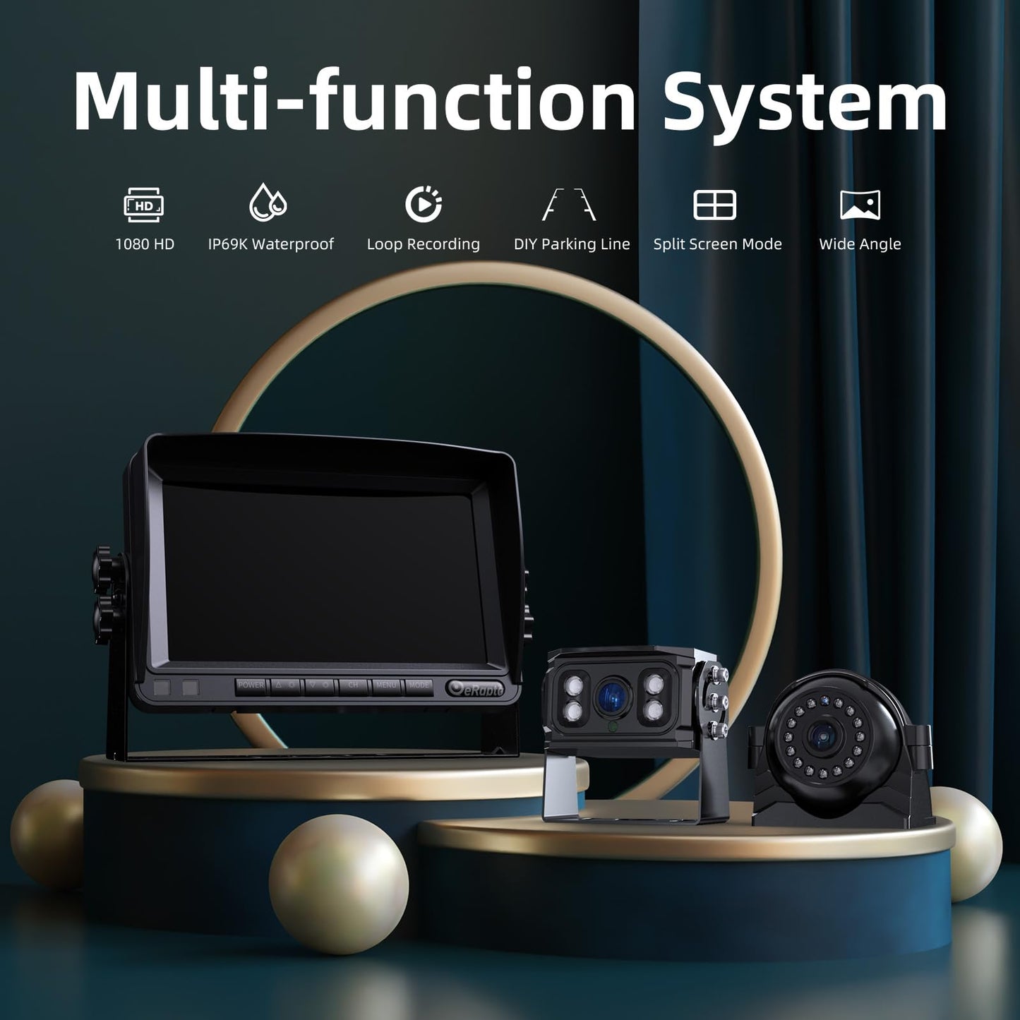 eRapta HD 1080p Backup Camera System Kit, 7-inch Reversing Monitor with Quad Split Recording IP69 Waterproof, Rear View Side View Cameras, Backup Camera for RV Truck/Trailer/Tractor/Box/Camper Y0202