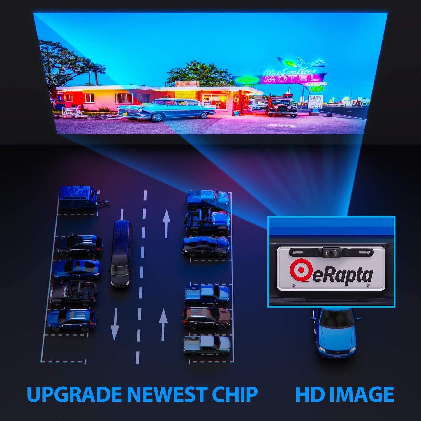 Cámara de visión trasera inalámbrica eRapta ERT03 1080P con monitor para coche, camioneta y pickup.