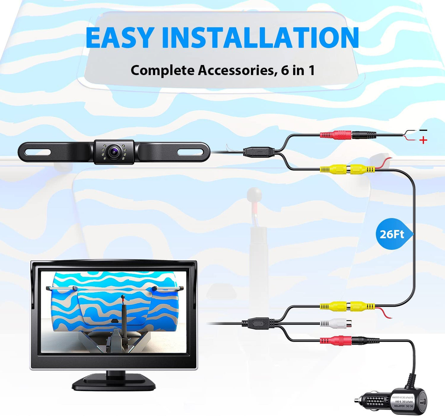 Cámara de Respaldo eRapta A5I, Monitor de 5” 1080P, Impermeable IP69, Sistema de Cámara de Respaldo para Carro/Camión/Remolque/Minivan