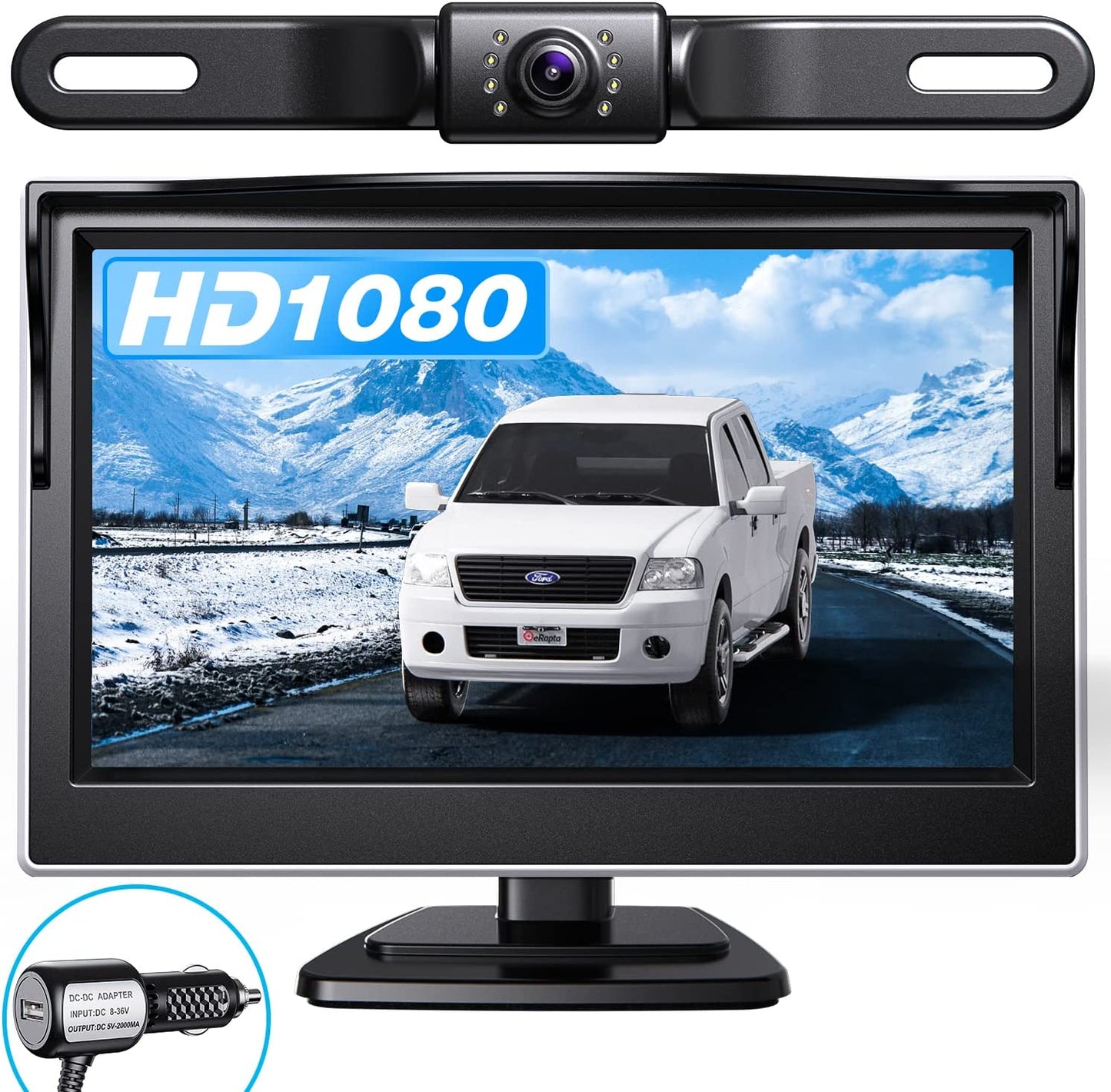 Cámara de Respaldo eRapta A5I, Monitor de 5” 1080P, Impermeable IP69, Sistema de Cámara de Respaldo para Carro/Camión/Remolque/Minivan