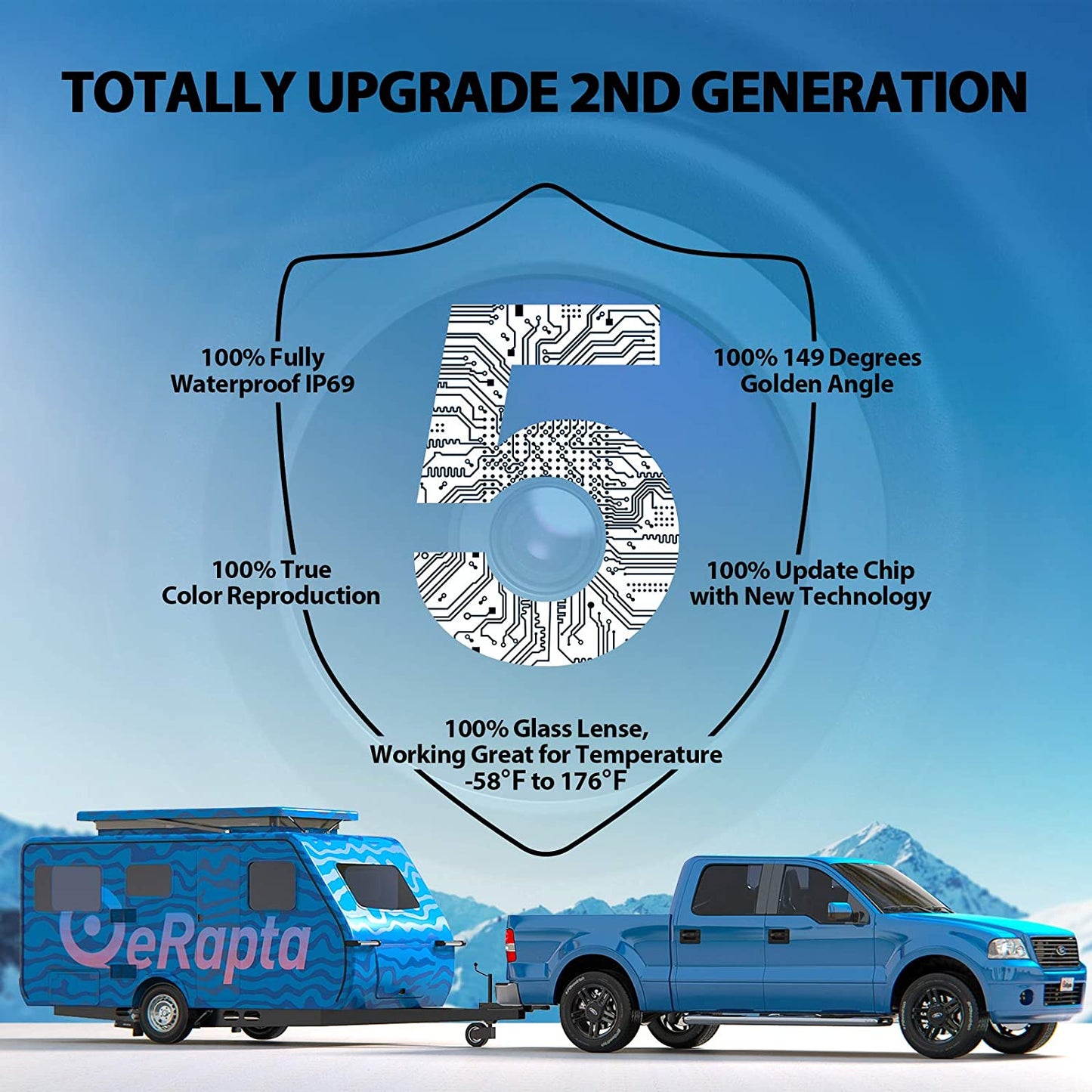 Cámara de Respaldo eRapta A5I, Monitor de 5” 1080P, Impermeable IP69, Sistema de Cámara de Respaldo para Carro/Camión/Remolque/Minivan